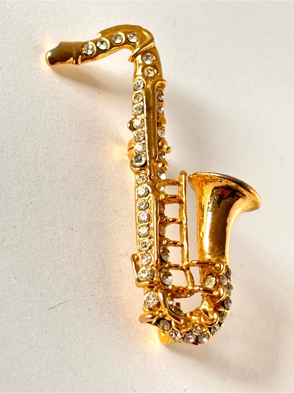 Rhinestone Gold Tone Saxophone Brooch Musical Instrument